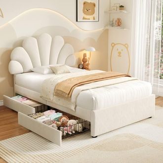 Matteo Single 3ft Beige Velvet Bed Frame Adjustable Chic Petal Headboard, Storage