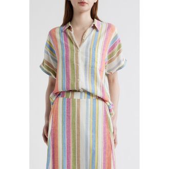 Pendleton Stripe Linen Blend Short Sleeve Button-Up Shirt in Ivory Multi Stripe at Nordstrom, Size X-Small