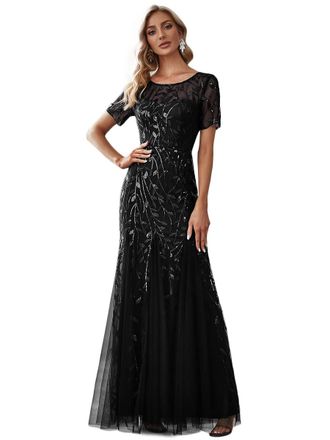 Ever-pretty Woment Elagant Short Sleeve Long Mermaid Sequin Tulle Prom Evening Dresses Black 22UK