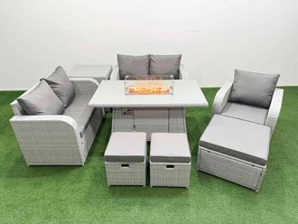 Fimous High Back Poly Rattan Garden Furniture Set w/ Reclining Chair Loveseat Sofa Firepit Dining Table Indoor Outdoor Patio Set 3 Stools Side Table