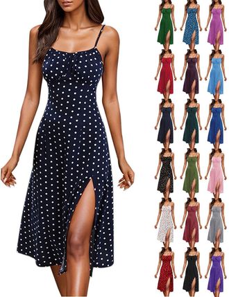 Generic Midi Dresses for Women UK Summer Spaghetti Straps Boho Flowy Backless Dress Casual Sleeveless Cocktail Beach Sundress with Split Shirt Dresses for Wom