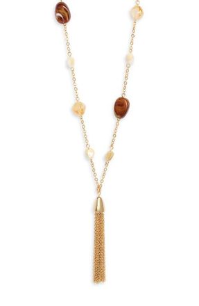 Nordstrom Bead Accent Tassel Necklace in Brown Multi- Gold at Nordstrom