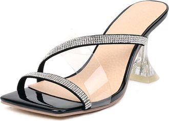 Generic MiaZane Womens Heeled Mules Stiletto Heel Rhinestone Clear Strap Square Open Toe Slide Sandals Evening Dress Mules Sparkly Formal Heels for Wedding Re