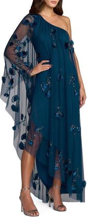 Mac Duggal One Shoulder Asymmetrical Flower Detail Net Gown in Twilight at Nordstrom, Size 14