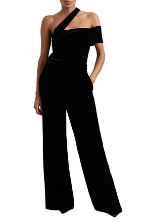 Reiss Daria One-Shoulder Wide Leg Velvet Jumpsuit in Black at Nordstrom, Size 12 Us