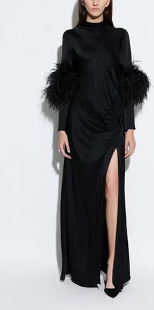 Sally Lapointe Satin Tab Gown With Feathers in Black at Nordstrom, Size 00