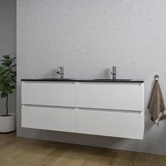 Saniclass Chaci Badkamermeubelset - 140x46x55cm - keramische wastafel zwart - 2 wasbakken - 2 kraangaten - 4 lades - mat wit