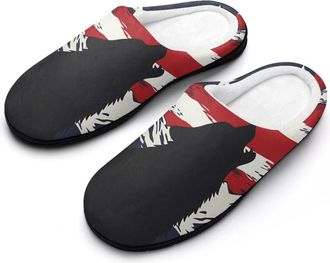 Generic Wolf Howling U.S. Flag Mens House Slippers Memory Foam Washable Cotton Slip on Home Shoes