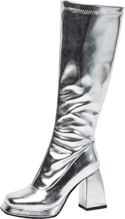 Generic Women Knee High Metallic PU Leather Round Toe Fashion Boots Platform Block Heels Side Zip Glossy Solid Color Comfortable Durable,Silver,6.5 UK