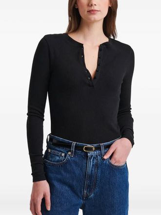 Patrick Assaraf Henley button ribbed top - women - Cotton/Modal/Spandex/Elastane - L - Black