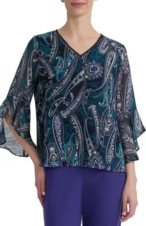 Kasper Print Ruffle Sleeve Top in Black Multi at Nordstrom, Size X-Large