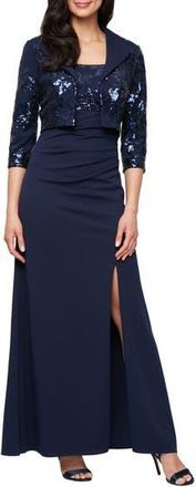 Alex Evenings Sequin Detail Sleeveless Scuba Crepe Gown with Sequin Bolero Jacket in Navy at Nordstrom Rack, Size 6