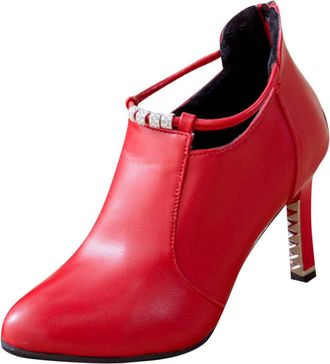 Generic Red Womens Pointed Toe High Heel Mid-Calf Boots, Fashionable Fall Winter Leather Booties for Casual Outfit, Chunky Heel Dress Boots