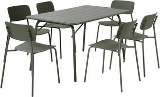 Sweeek Folding metal garden table 140 cm + 6 chairs, khaki green - Amelia + Liva