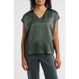 Eileen Fisher V-Neck Square Satin Top in Everglade at Nordstrom Rack, Size Medium