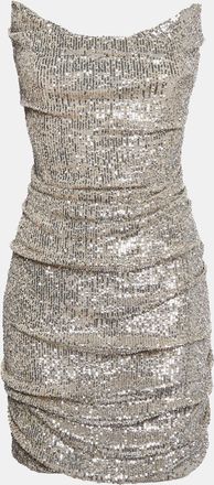 Reem Acra Silver Sequin Ruche Strapless Mini Dress