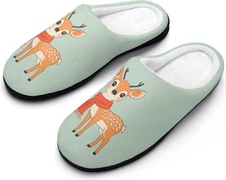 Generic Cute Deer Wearing Scarf Mens Slippers Slip On Comfortable Fleece Cotton House Shoes Winter