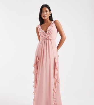 Tfnc Petite Selena - Vestito lungo da damigella in chiffon rosa con scollo a V e volant