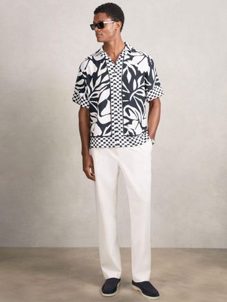 Reiss Navy & white Floral-print Cuban-collar Shirt, XS