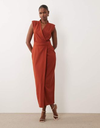 Asos Vestito midi avvolgente con cintura e spalline imbottite in tessuto scuba ruggine-Rosso