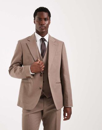 Asos Giacca da abito slim in twill di misto lino beige-Neutro