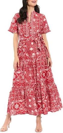 London Times Ruffle Tiered Tie Waist Maxi Dress in Fiery Red/Tint Of Pink at Nordstrom Rack, Size 12