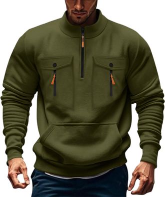 Generic Mens Quarter Zip Sweatshirt With Multiple Pockets, Mens Solid Color Pullover With Pockets, Fashion Designed Pullover Comfy Casual Fleece Sweatshirt Th