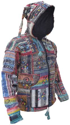 Gheri Cotton Fleece Lined Patchwork Elf Pixie Nepalese Festival Hood Jacket Small