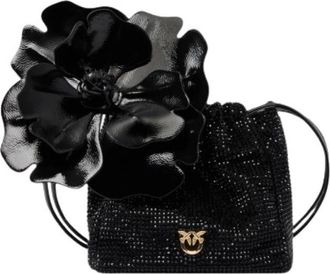Pinko Pouch Flower Full Strass - Dames - Schoudertassen - Zwart - ONE Size - Katoen - Tassen