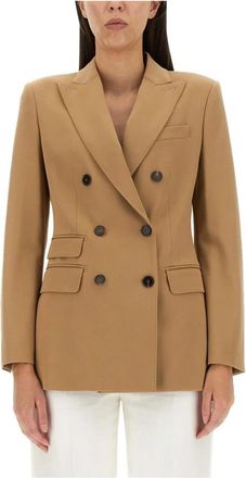 Max Mara Double-Breasted Tailored Blazer Jacket - Dames - Blazers - Beige - M - Leer - Jassen