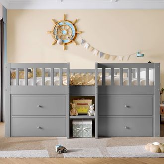 Merax 3FT Single Wooden Low Loft Storage Bed Mid Sleeper Bed with Drawers in Grey