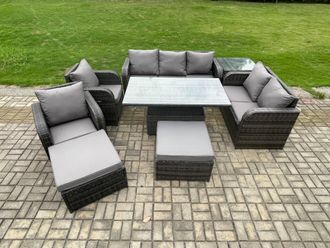 Fimous Outdoor Rattan Furniture Garden Dining Set Height Adjustable Rising lifting Table Reclining Chair Sofa With Side Table in Dark Grey