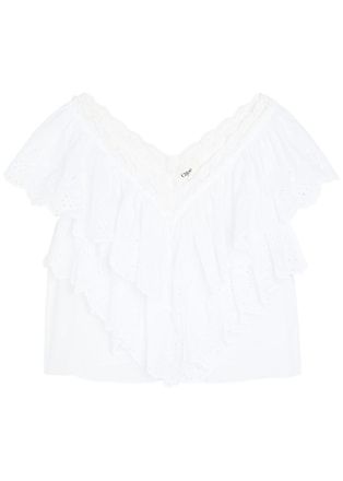 Chlo&eacute; Embroidered Ruffled Cropped Cotton top - White - 42 (UK14 / L)