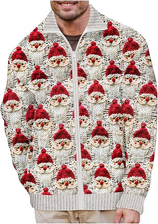 Generic Men Ugly Christmas Cardigans Funny Novelty Jackets Santa Claus Xmas Tree Coat Long Sleeve Knitted Jacket Zip Up Lapel Jumper Christmas Cardigan Baggy 