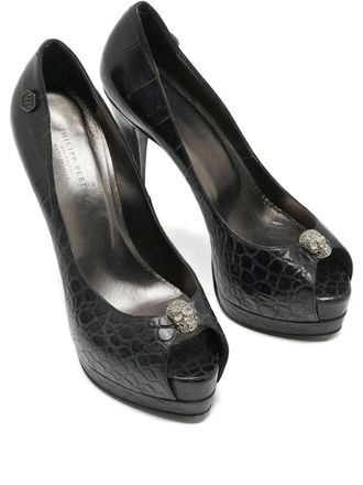 Philipp Plein c145mm crocodile-embossed Skull pumps - Black