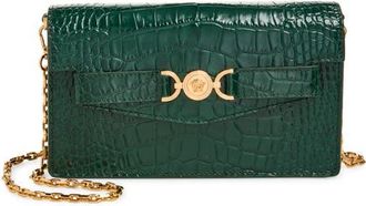 Versace Medusa Croc Embossed Leather Wallet on a Chain in Dark Emerald Gold at Nordstrom