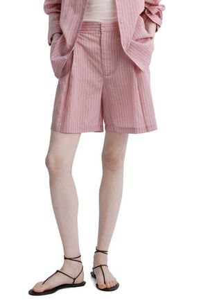 Mango Pleated Pinstripe Straight Fit Bermuda Shorts in Pastel Pink at Nordstrom, Size 6