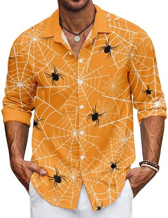 Generic Funny Halloween Shirts for Men Novelty Long Sleeve Printed Regular Fit Button Down Shirt for Halloween Masquerade Parties (UK, Alpha, M, Regular, Regu