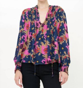Oliphant V-Neck Pintuck Blouse In Suzani Navy