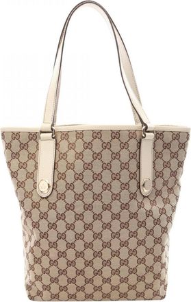 Gucci Gg Canvas Beige White Gg Canvas Leather Handbag Tote Bag (Pre-Owned)