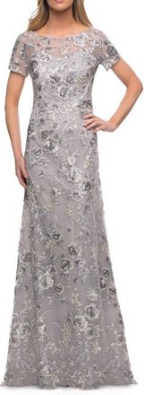 La Femme Metallic Embroidered Lace Evening Gown in Silver at Nordstrom, Size 18