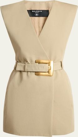 Balmain Belted Gabardine Sleeveless Mini Dress