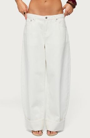 Edikted Kella Low Rise Baggy Cuffed Wide Leg Jeans in White at Nordstrom, Size X-Small