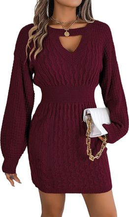 Ever-pretty Womens Sweater Dress Ladies High Elasticity Jumper Dress Sexy Chest Cutout Winter Knitted Dress Burgundy L