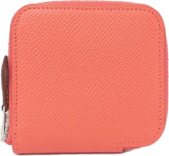 Herm&egrave;s Pink Orange Rose Jaipur Rouge Grenat Epsom Leather Silk Coin Purse/Coin Case (Pre-Owned)
