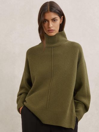 Reiss Green Wool Zip-detail Funnel-neck Jumper, XS
