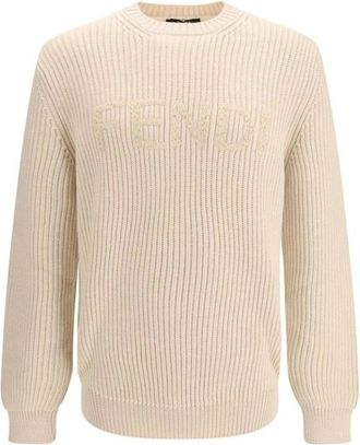Fendi Round-neck Knitwear, male, Beige, Size: M Fleece Wool Sweatshirt with Ribbed Cuffs
