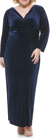 Eliza J Long Sleeve Faux Wrap Velvet Gown in Navy at Nordstrom Rack, Size 14W