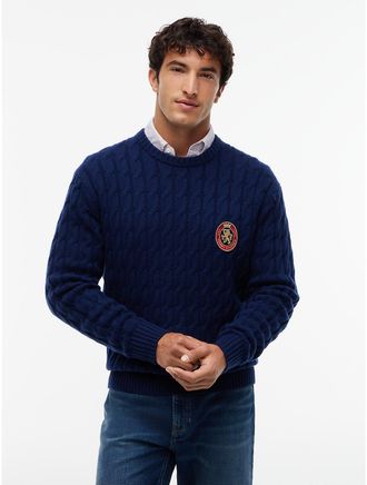 Tommy Hilfiger Mens Crest Logo Cable Knit Wool-Blend Sweater - Carbon Navy - XL