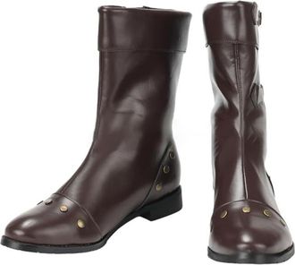 Generic Mens Pull on Medieval Boots with Buckle Round Toe PU Leather Mid-Calf Boots Flat Heel Vintage Cosplay Boot with Rivet,Brown,6.5 UK